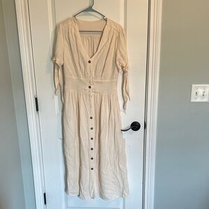 Button-Front Cream Midi Dress with Tie Sleeves